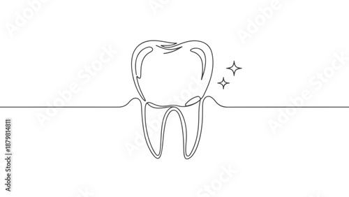 Continuous one line art of a healthy, sparkling tooth, symbolizing dental care and a bright smile