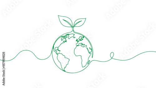 One line art continuous drawing of the Earth with leaves, symbolizing nature and global growth