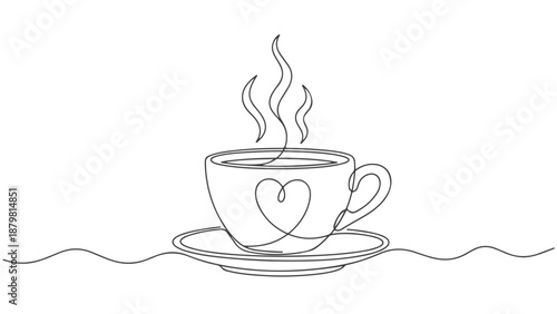 A Continuous One Line Art Drawing of a Steaming Cup of Coffee with a Heart Design on a Saucer