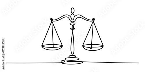 Continuous single line drawing of balance scale symbolizing justice and equality on white background Vector, illustration