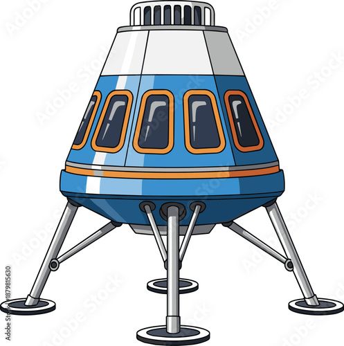Futuristic lunar lander capsule illustration for moon exploration space mission science technology isolated detailed cartoon vector design artwork concept style
