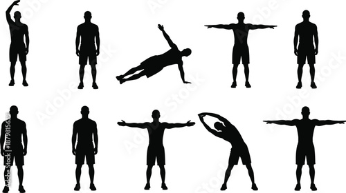 Set of male fitness exercise silhouettes showing workout poses, stretching, balance training, strength movements, isolated black figures on white background