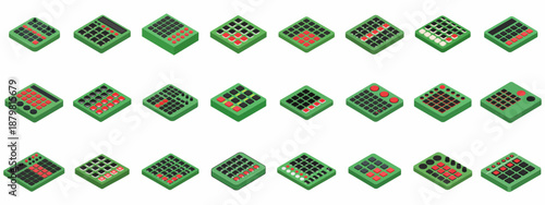 Isometric Drum Machine and MIDI Pad Controller Icons Collection. Digital Music Production Equipment Vector Illustration Set.
