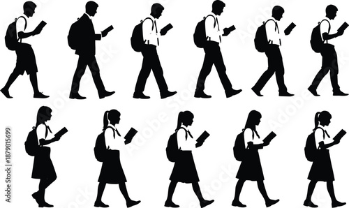 Student silhouettes walking and reading books with backpacks, male and female schoolchildren education concept, isolated black figures on white background