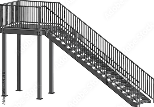 Industrial metal staircase with safety handrails and elevated platform landing, cad drawing flat vector illustration for construction and architectural design