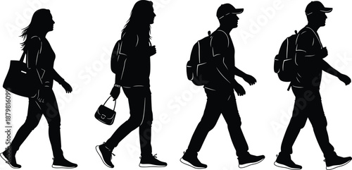 Walking people silhouette set showing men and women carrying bags and backpacks isolated black vector illustration urban lifestyle concept