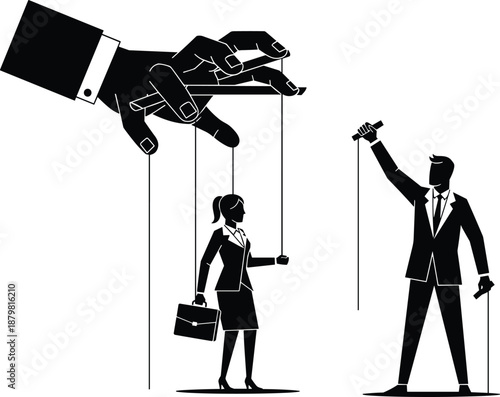 Business manipulation concept silhouette showing powerful hand controlling office workers as puppets corporate dominance leadership vector illustration power hierarchy system