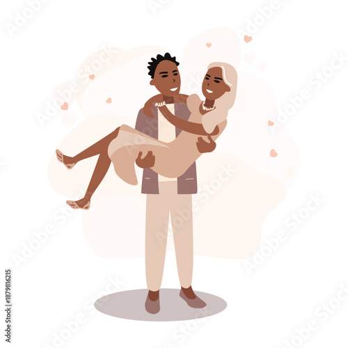 A happy groom holds his bride in his arms. Happy Valentine's Day. Vector illustration of a couple in love.