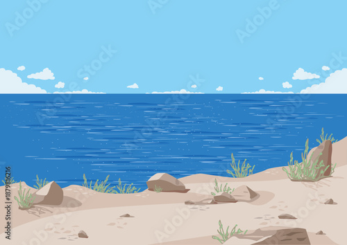 A rocky cliff with a path by the sea. A summer vacation by the sea. A beautiful seascape. Vector illustration.