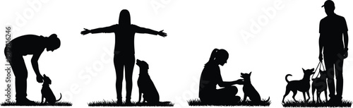 Dog training and companionship silhouette sequence showing people bonding caring walking pets outdoors isolated black vector illustration concept