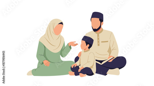 Muslim Family Sitting Together Reading Quran and Teaching Child Religion Flat Vector Illustration