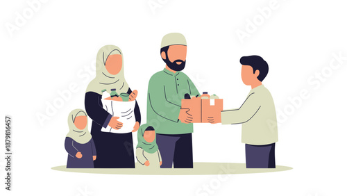 Muslim Family Giving Food Donation and Zakat Boxes, Ramadan Charity and Sadaqah Concept, Social Solidarity Flat Vector Illustration