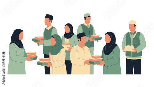 Muslim People Sharing Food Boxes, Concept of Ramadan Charity, Iftar Party, and Islamic Community Social Activity Flat Vector Illustration