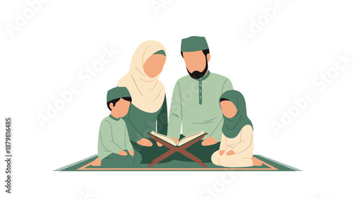 Muslim Family Reading Holy Quran Together on Prayer Mat Flat Vector Illustration