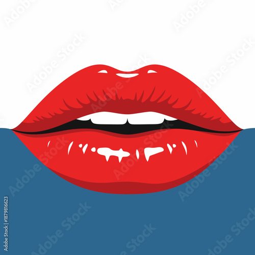 Vibrant red glossy lips with white teeth against a split background of white and blue, graphic illustration.