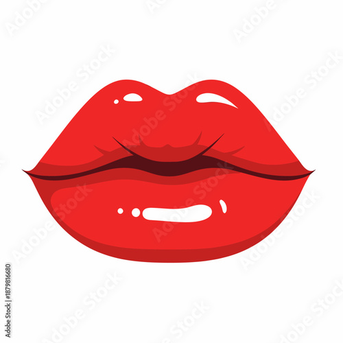 A vibrant, glossy pair of red lips with a stylized appearance, closed and full, against a plain white background.