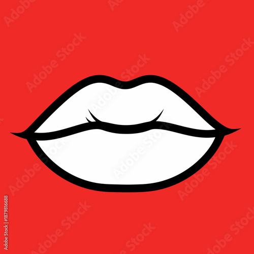A minimalist graphic illustration of white lips with a black outline on a vibrant red background.