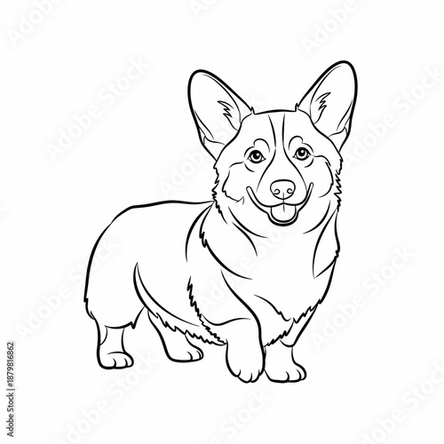 Black and white line art illustration of a happy Pembroke Welsh Corgi dog standing and smiling, ready for coloring.