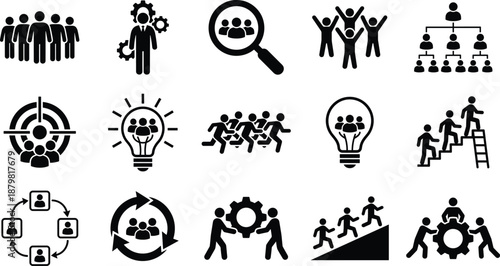 Black And White Vector Icon Set Of Teamwork And Leadership Featuring Business Professionals Group Collaboration Strategy Innovation Success Achievement Career Progress And Corporate Management