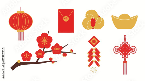 Chinese New Year Icons: Lantern, Red Envelope, Firecrackers, Plum Blossom, Gold Ingot