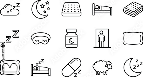 Black And White Vector Icon Set Of Sleep And Relaxation Featuring Bed Mattress Pillow Eye Mask Sleeping Pills Moon Stars Sheep And Nighttime Symbols
