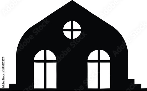 Minimalist barn house icon with two arched entryway doors and circular window for farm estate or rural property logo.