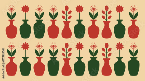 Pattern of red flowers in vases