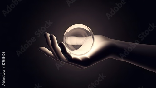 Hand holding crystal ball in dim light for prediction and future concepts