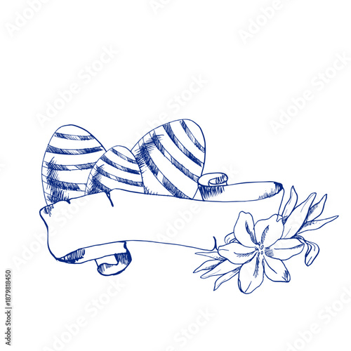 Happy Easter engraves ink illustration with striped eggs, paper banner decorated with spring flowers. Hand drawn monochrome doodle painting, Spring festive painting for religious poster, invitation