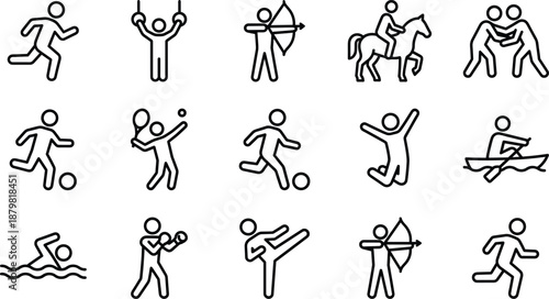 Black And White Vector Icon Set Of Sports Activities Featuring Running Archery Horse Riding Soccer Tennis Swimming Boxing Martial Arts And Rowing Symbols