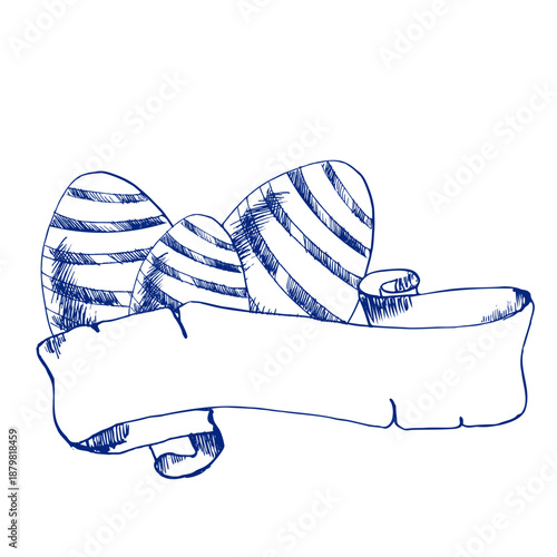 Easter banner template with striped eggs and paper banner ink graphics. Hand drawn engraved spring festive clipart, paper roll with religious elements for Happy easter decor