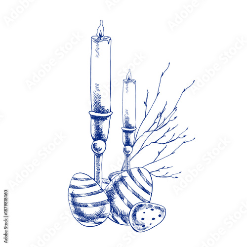 Happy Easter ink graphics in line art style with candles, striped eggs and spring branches illustration. Hand drawn religious clipart, engraved monochrome doodle for festive Easter packing ,poster
