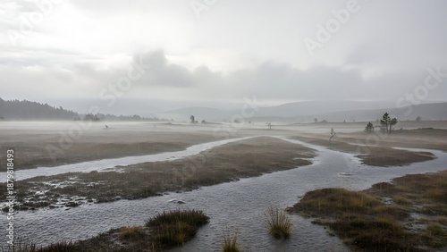A misty winter landscape with snow and fog meets the wild nature of a stormy coastline where waves crash against the frozen shore under a cloudy horizon

