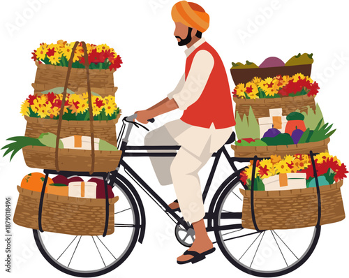 Indian Vegetable Vendor Riding Bicycle with Fresh Produce Flat Vector Illustration of Traditional Street Selling in India
