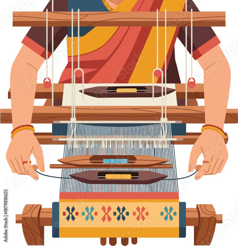 Indian Handloom Weaver Working on Traditional Textile Loom Flat Vector Illustration of Cultural Fabric Craft in India