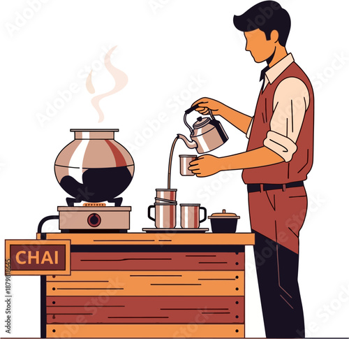 Indian Chai Tea Seller Preparing Hot Beverage at Street Stall Flat Vector Illustration of Traditional Tea Culture in India