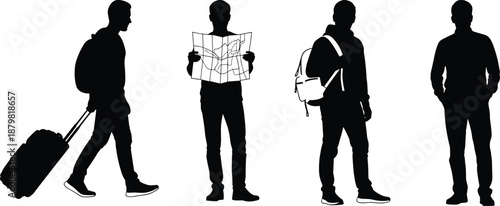 Black Silhouette Vector Illustration of Male Travelers with Suitcase Backpack and Map Isolated on White Background for Global Tourism Concepts
