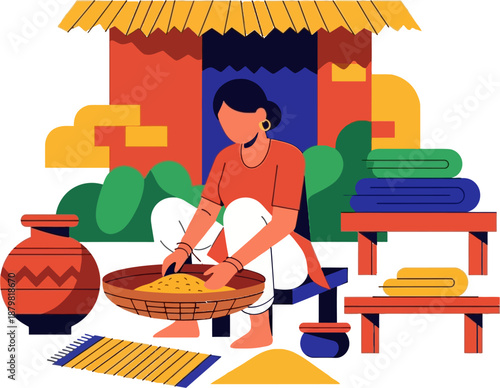 Indian Traditional Market Vendor Selling Handmade Goods Flat Vector Illustration of Rural Indian Local Bazaar Culture