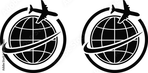 Black and White Vector Icon Set Featuring an Airplane Flying Around a Globe for International Travel Tourism and Logistics Concepts