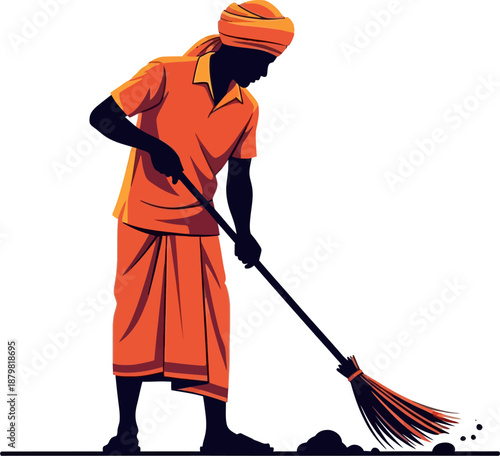 Indian Sanitation Worker Sweeping Street with Broom Flat Vector Illustration of Public Service and Cleanliness in India