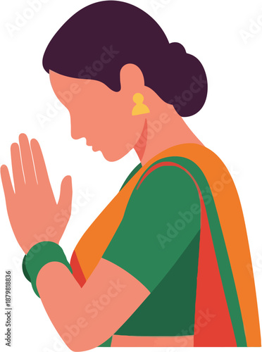 Indian Woman Greeting with Namaste Gesture Flat Vector Illustration of Traditional Respect and Cultural Greeting in India