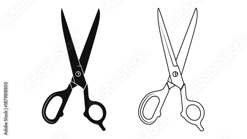 Two illustrations of scissors, one solid black silhouette and the other a line drawing, both showing the blades open.