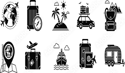 Black Vector Illustration Collection Featuring Mountain Ranges Globe Travel Icons and Silhouettes of Tourists with Backpacks Suitcases and Paper Maps