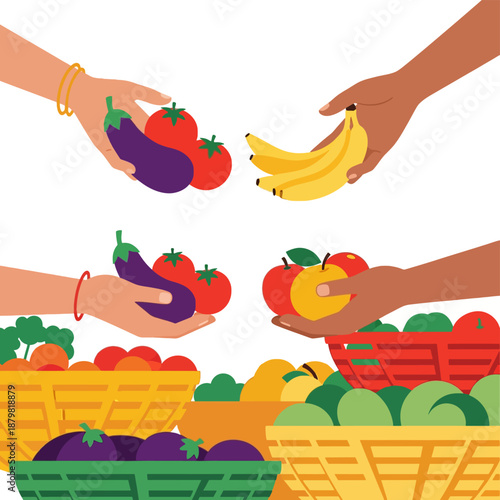 Indian Vegetable Market Scene with Hands Exchanging Fresh Produce Flat Vector Illustration of Local Trading in India