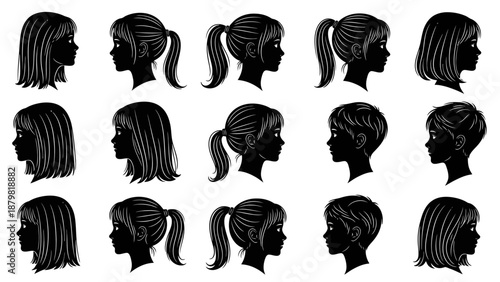 Collection of diverse black silhouette hairstyles for girls and women, showcasing various lengths and styles from short bobs to long ponytails.