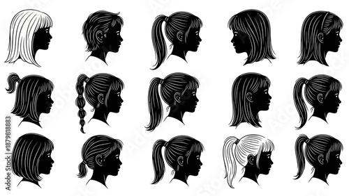 Collection of Silhouettes Showcasing Diverse Hairstyles for Children and Young People.