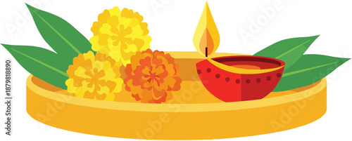 Hindu Puja Thali with Diya and Flowers Flat Vector Illustration of Religious Offering Plate in India