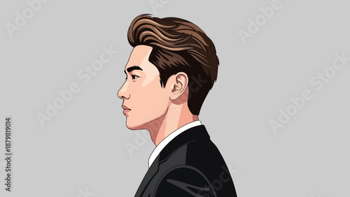 Profile illustration of a young Asian man with stylish, swept-back hair and a formal suit against a plain gray background.