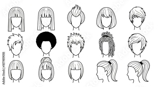 Collection of diverse hairstyles for men and women, showcasing various cuts and styles for different hair types and lengths.