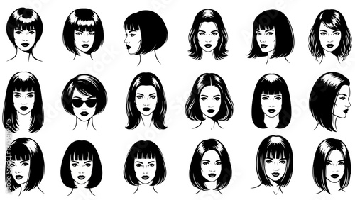 Collection of diverse female hairstyles, showcasing various bob cuts, bangs, and lengths for different facial structures.